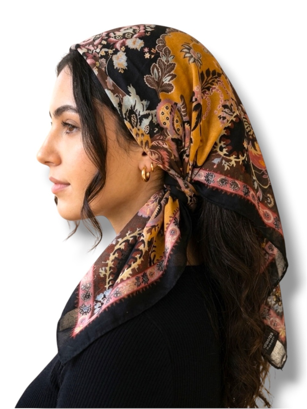 NWT Vismaya Rhapsody Scarf Mustard Yellow Black Floral Rayon 25" Square Bandana